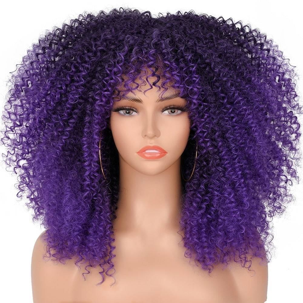 Dark Purple Afro Kinky Curly Wig with Bangs, 16-inch synthetic short curly wig for Black women, featuring a bold and voluminous texture.