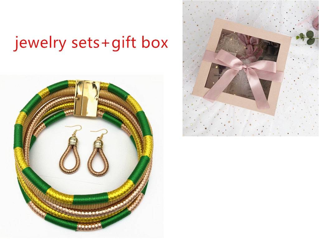 Stylish green and gold African choker multi-layer necklace set with matching earrings and a gift box. A perfect jewelry gift for statement fashion.