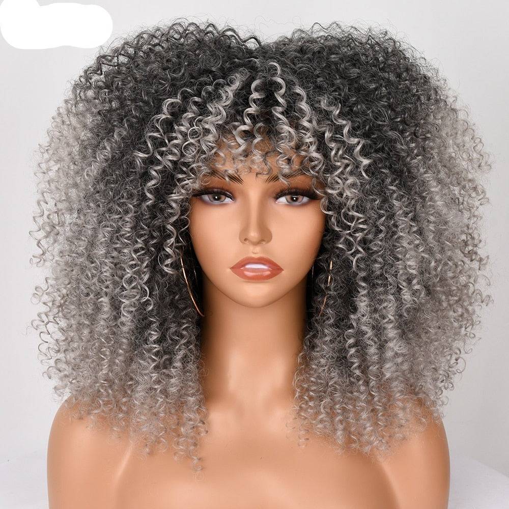 Gray Ombre Afro Kinky Curly Wig with Bangs, 16-inch synthetic short curly wig for Black women, offering a stylish and voluminous look.