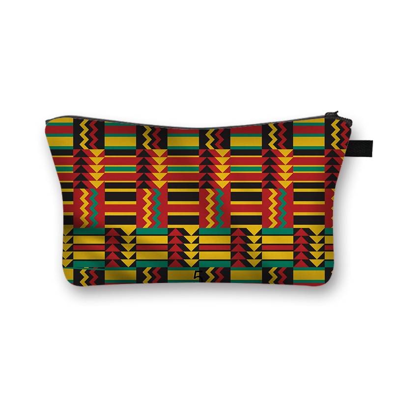 Kente-inspired African print makeup bag with red, yellow, and green geometric patterns. Spacious and lined for beauty storage.