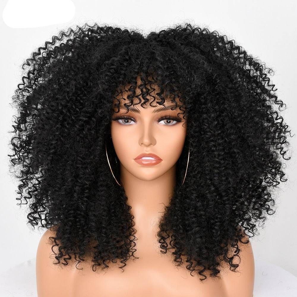 Black Afro Kinky Curly Wig with Bangs, 16-inch synthetic short curly wig for Black women, designed for a natural and voluminous look.