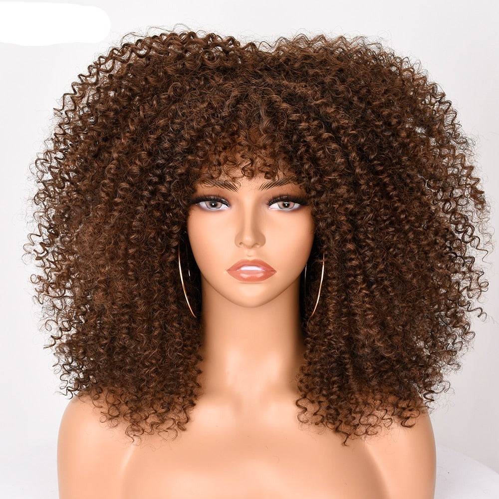 Dark Brown Afro Kinky Curly Wig with Bangs, 16-inch synthetic short curly wig for Black women, offering a natural and voluminous style.
