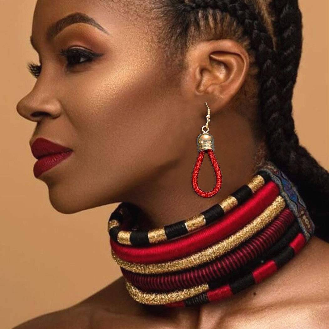 Elegant African choker multi-layer necklace set in red, black, and gold with matching earrings. Bold statement jewelry for cultural and fashion appeal.