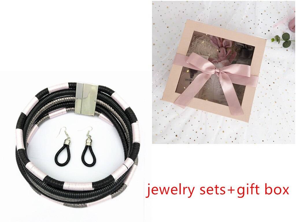 Elegant black and pink African choker multi-layer necklace set with matching earrings and a gift box. A perfect jewelry gift for special occasions.