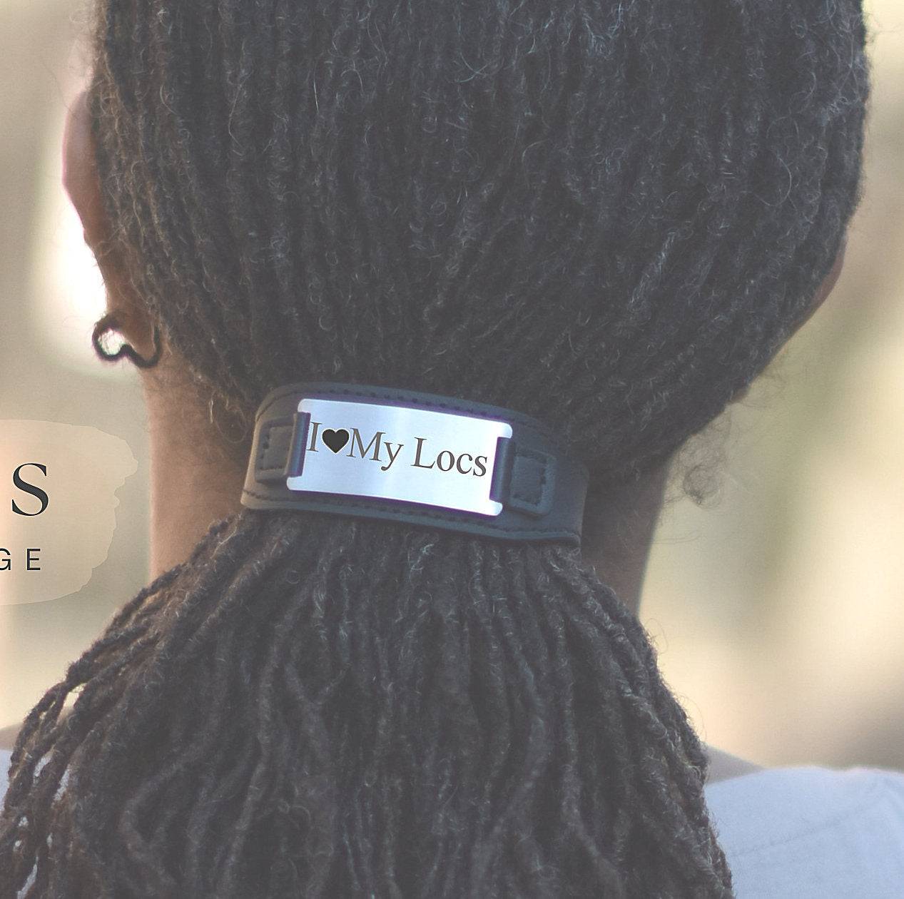 Leather hair tie for locs, braids, and afro puffs featuring &