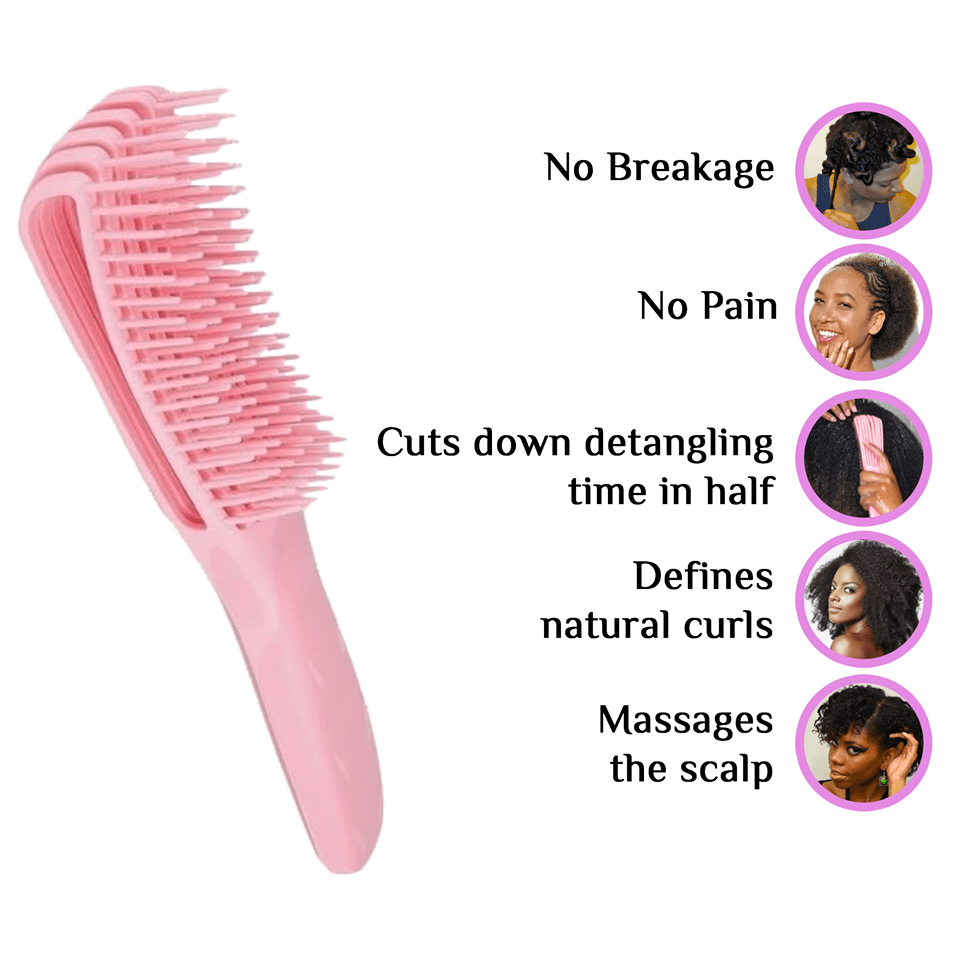 Pink Painless Detangler Brush with benefits for 4C hair: no breakage, no pain, faster detangling, curl definition, and scalp massage.