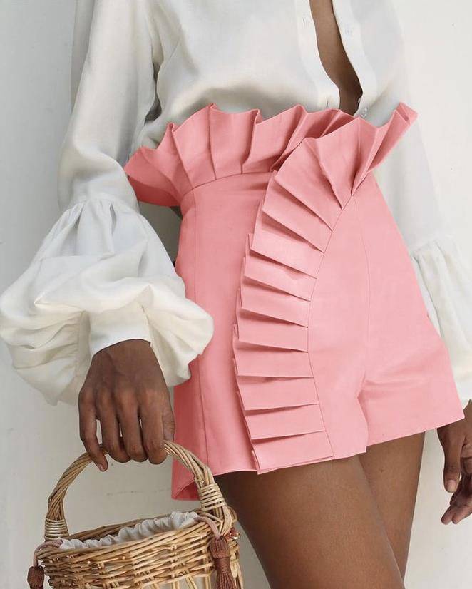 Elegant High Waist Bottom Ruffle Hem Shorts