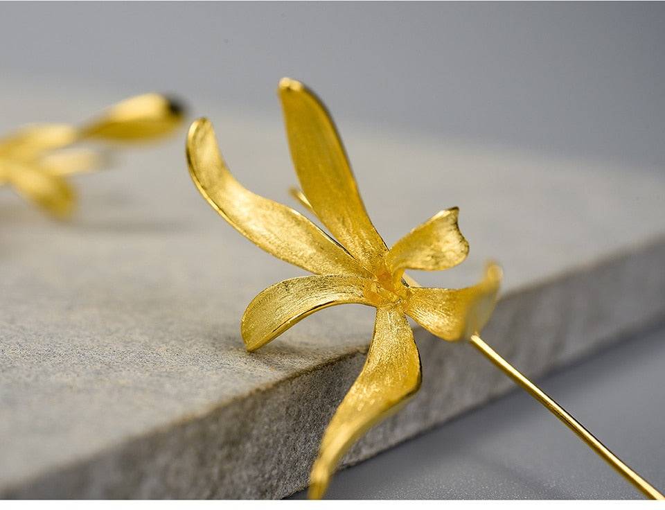 Beautiful Big Orchid Gold Flower Earrings