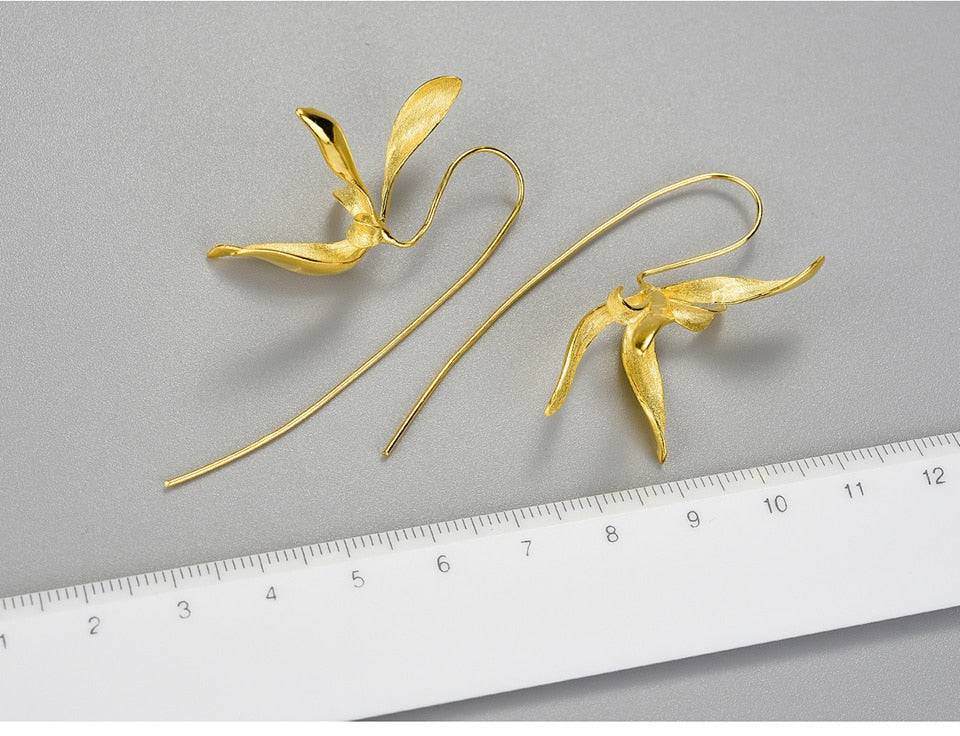 Beautiful Big Orchid Gold Flower Earrings
