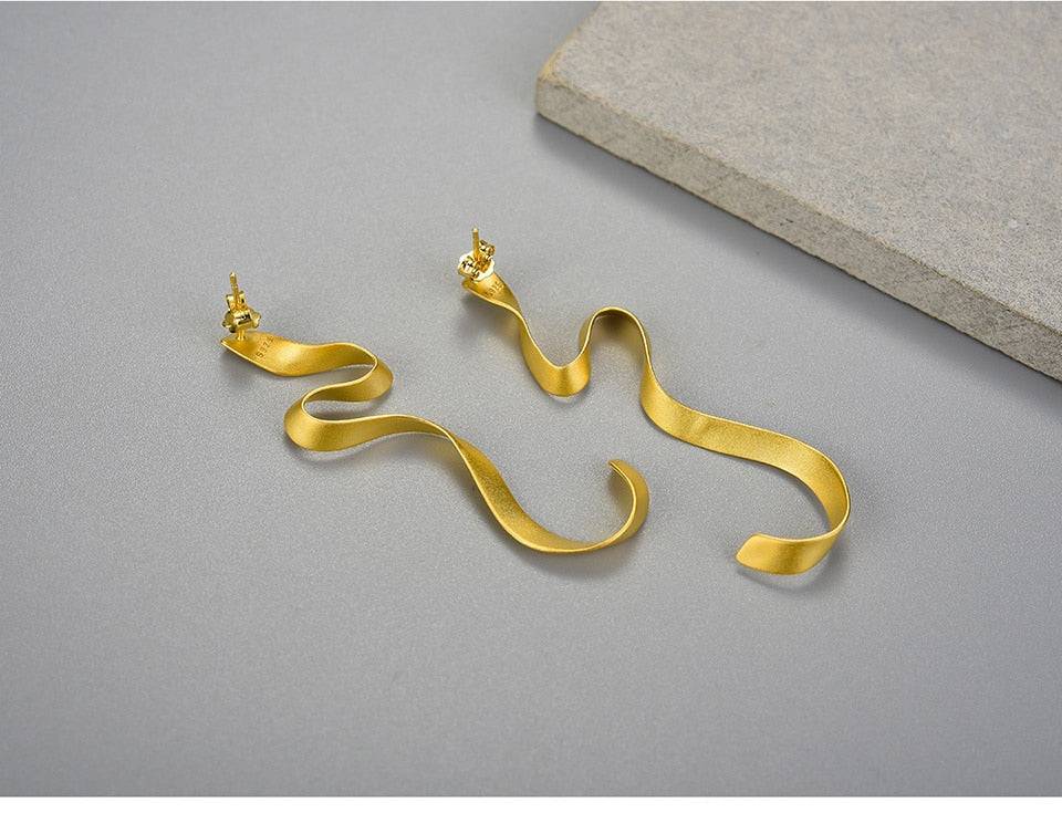 Gold Spiral Curved Long Earrings
