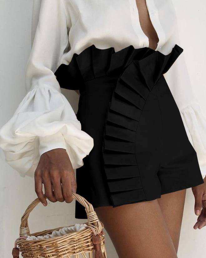 Elegant High Waist Bottom Ruffle Hem Shorts