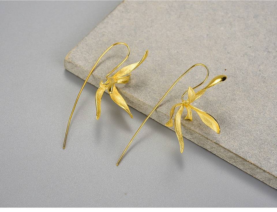 Beautiful Big Orchid Gold Flower Earrings