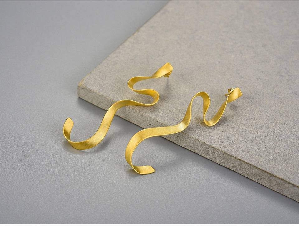 Gold Spiral Curved Long Earrings