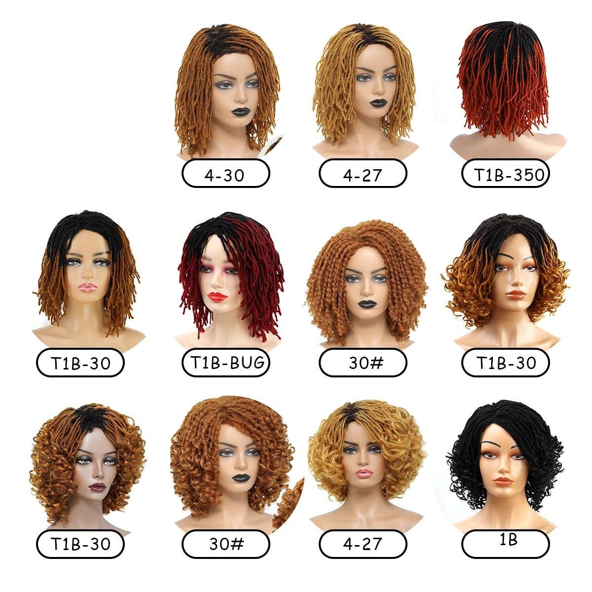 Collection of E447 Starter Locs Wigs in various colors, including black, blonde, and red. Ideal for black women embracing a loc journey or dreadlocks style.