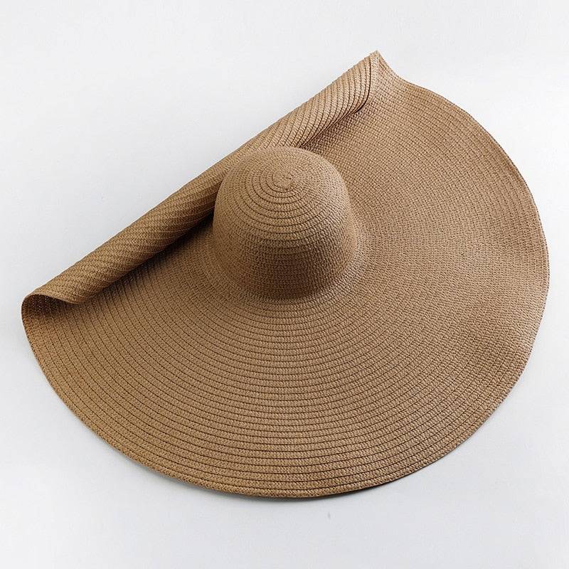 Classic brown oversized 27-inch wide brim sun hat, foldable and perfect for UV protection.