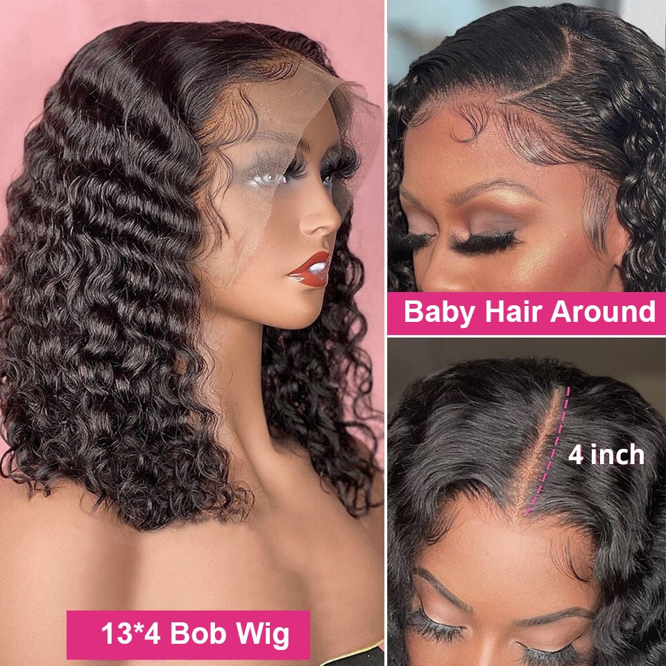 Pre-Plucked Curly Bob Deep Wave Brazilian Human Hair Transparent Lace Wig