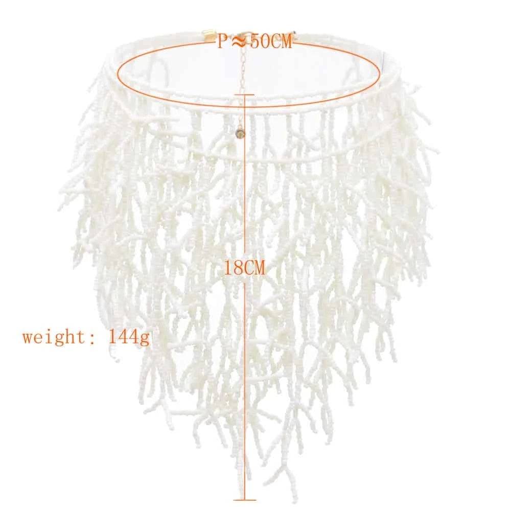 White beaded necklace with coral-like detailing, featuring dimensions of 50cm length and 18cm drop. Lightweight at 144g, perfect for Memorial Day 2024.