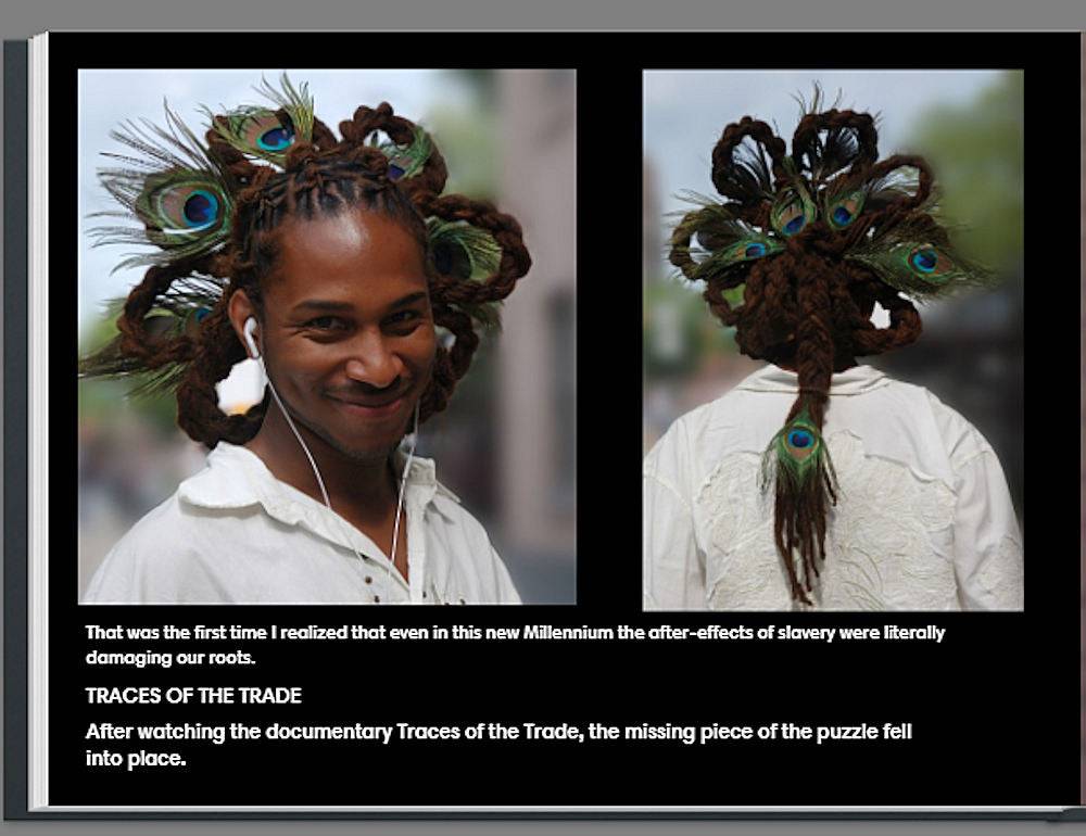 Man with intricate peacock feather hairstyle, featured in &