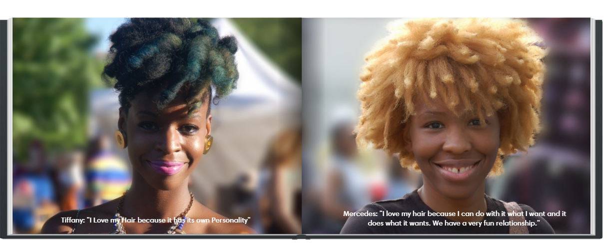 Two women with vibrant natural hairstyles, expressing love for their hair. Featured in &