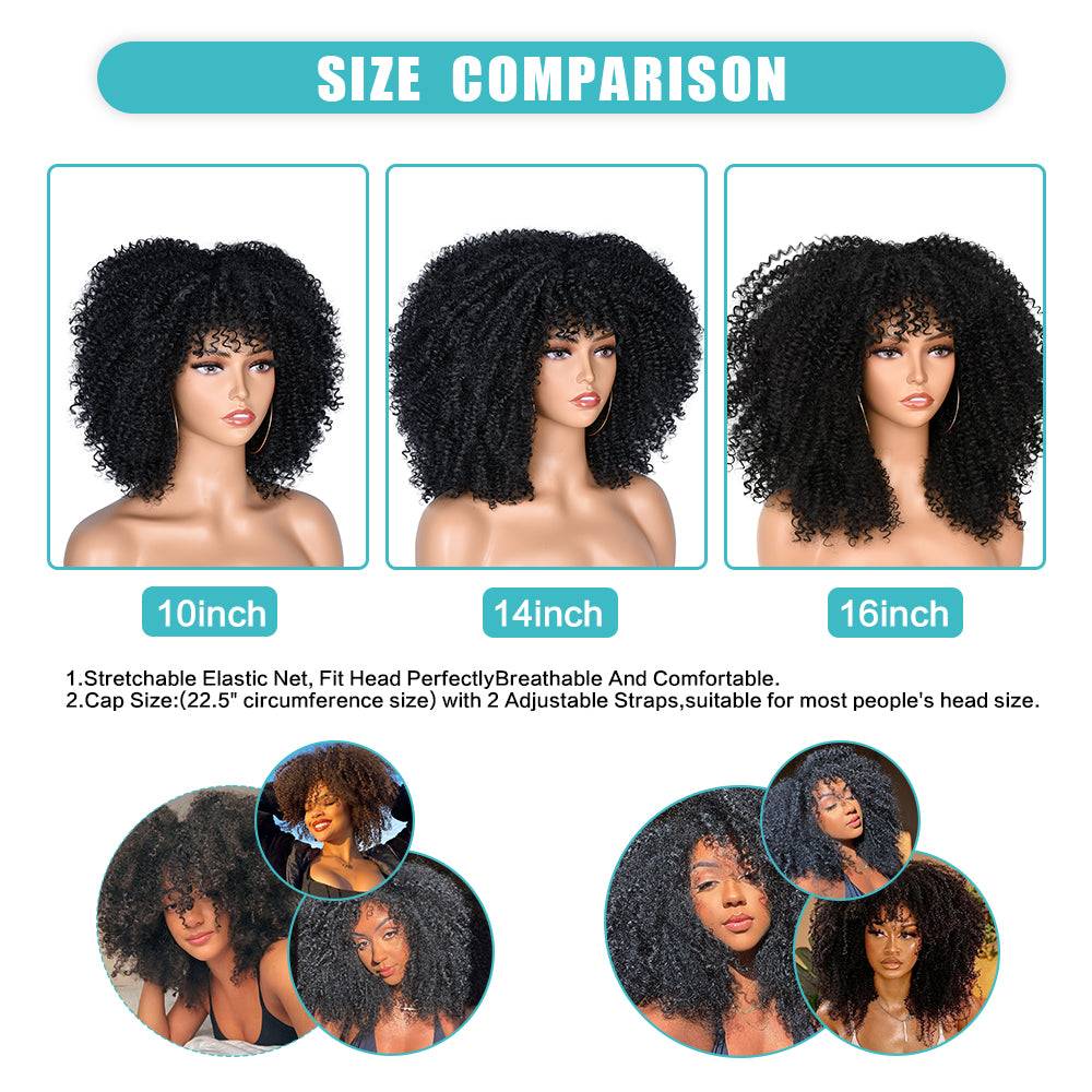 Size comparison chart for Afro Kinky Curly Wig with Bangs, showcasing 10-inch, 14-inch, and 16-inch options with adjustable straps.