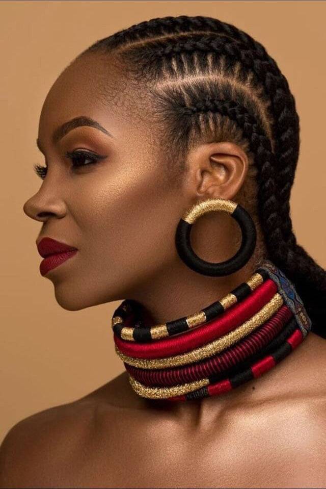 Stylish African choker multi-layer necklace set in red, black, and gold with matching hoop earrings. Perfect for bold and elegant fashion statements.