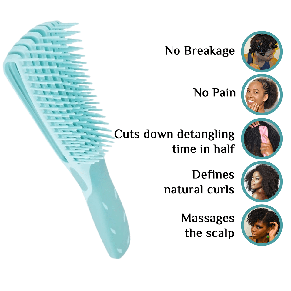Blue Painless Detangler Brush with benefits listed: no breakage, no pain, faster detangling, curl definition, and scalp massage for 4C hair.