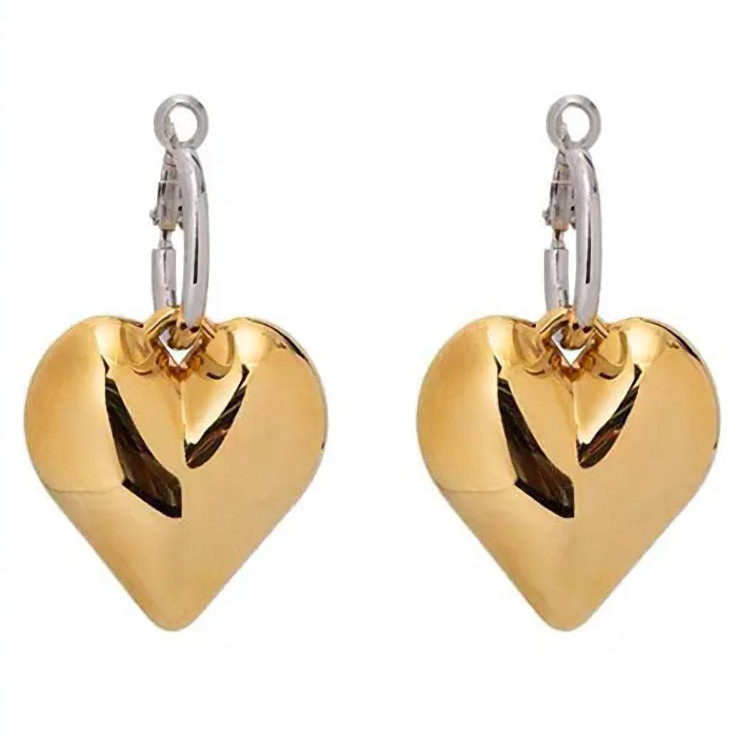 Gold Chic Heart Huggie Hoop Earrings with a smooth, reflective surface. A trendy and fashionable jewelry piece.