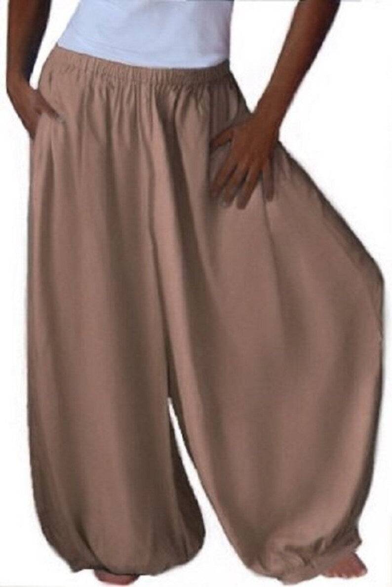 Taupe overall harem hippy pants with wide leg gaucho, plus size. Comfortable and flowy bohemian-style pants with an elastic waistband and pockets.