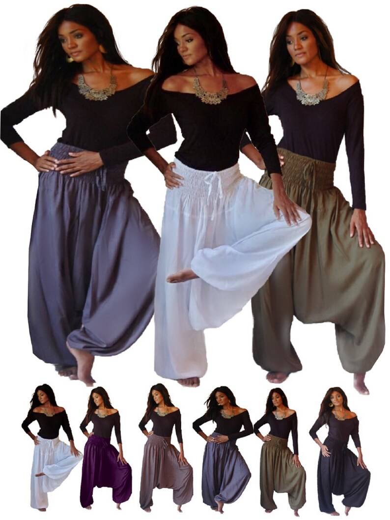 Harem elastic smocked diaper pants with waistband in various colors. Comfortable and stylish women&