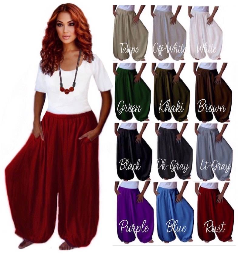 Overall harem hippy pants with wide leg gaucho in various colors, plus size. Stylish and loose-fitting boho pants for women with an elastic waistband.