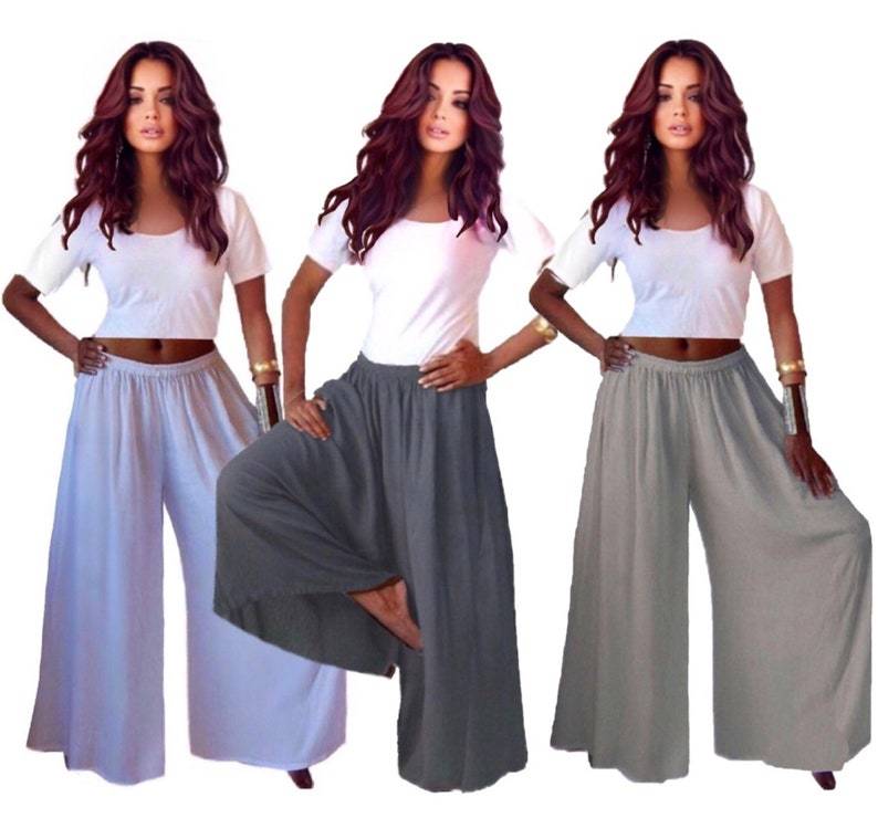 Flowy split skirt gaucho palazzo pants for women, featuring a wide-leg cut and comfortable elastic waistband, perfect for all sizes.