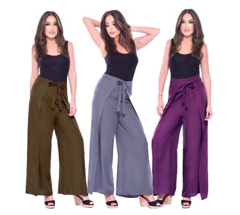 Wrap tie palazzo pants in three colors—olive, gray, and purple—featuring a wide-leg design and adjustable waist tie.