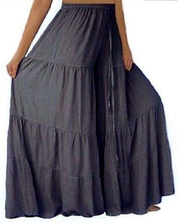Gray ruffled gaucho pants with a wide-leg silhouette, featuring an elastic waistband and drawstring ties, available in S-5X.