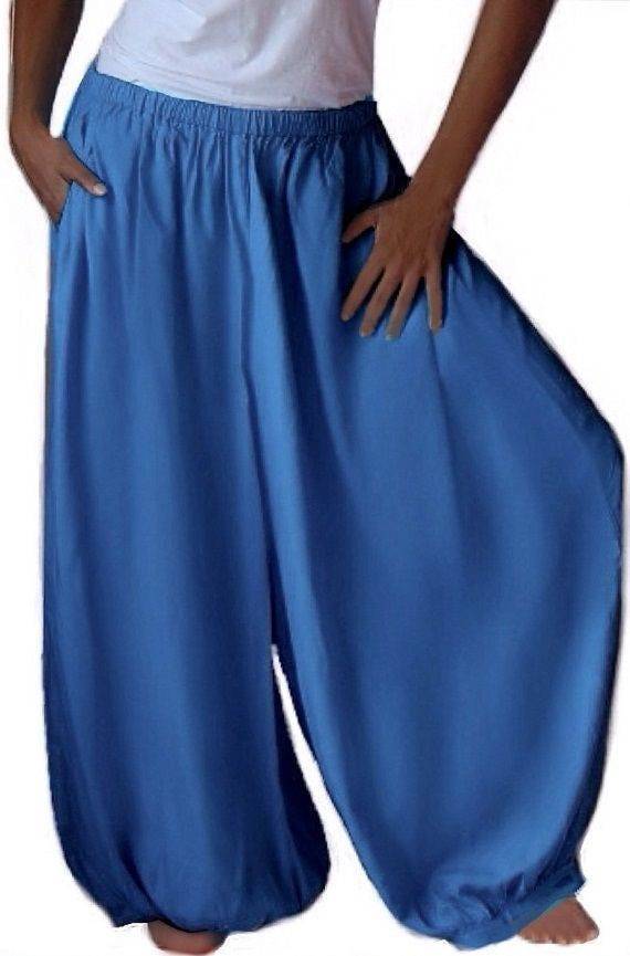 Blue overall harem hippy pants with wide leg gaucho, plus size. Relaxed-fit boho pants with an elastic waistband and side pockets for comfort.