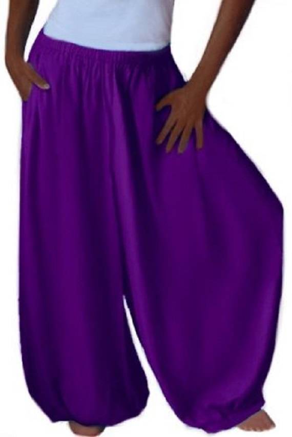 Purple overall harem hippy pants with wide leg gaucho, plus size. Comfortable and stylish bohemian-style pants with an elastic waistband and pockets.