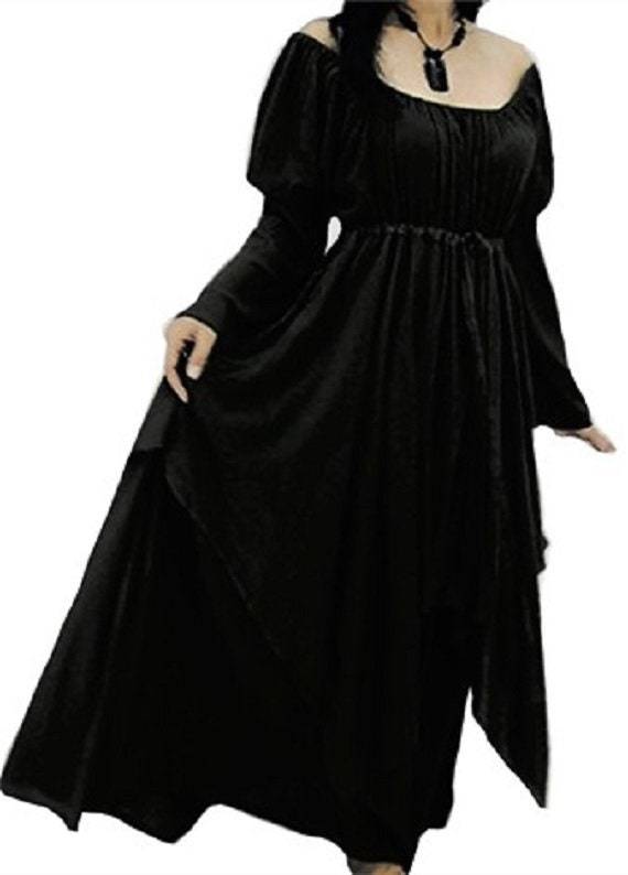 Classic black Renaissance layered maxi dress with long sleeves and an off-shoulder neckline, ideal for gothic and medieval-inspired fashion.