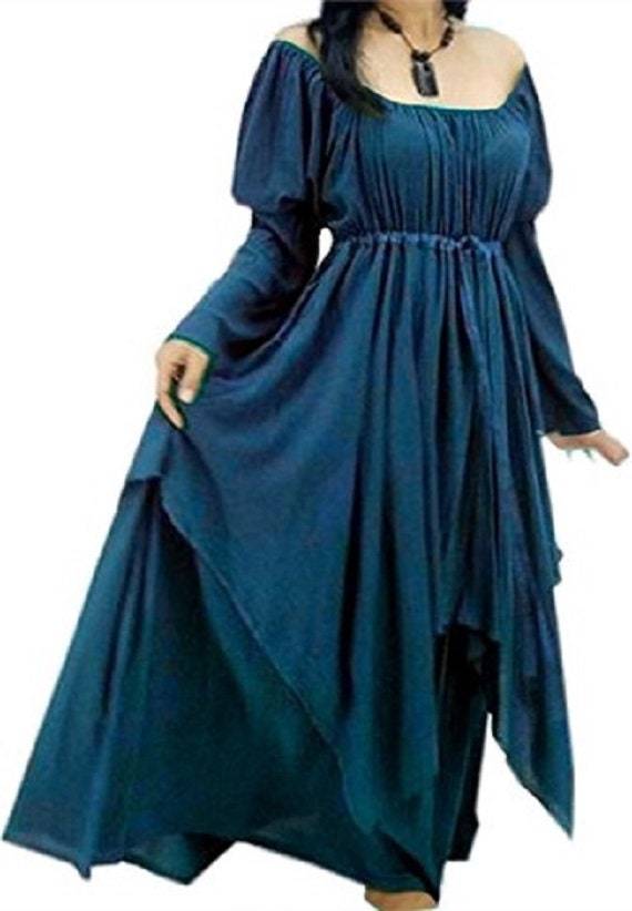 Elegant blue Renaissance layered maxi dress with off-shoulder sleeves and a cinched waist, available in regular and plus sizes for a boho aesthetic.