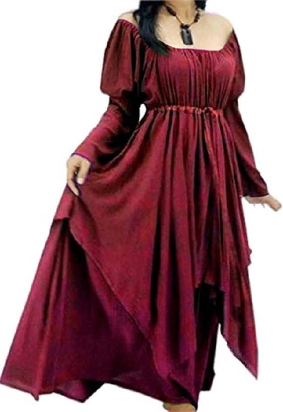 Deep red Renaissance layered maxi dress with a flattering off-shoulder cut and long sleeves, perfect for vintage and bohemian styles.