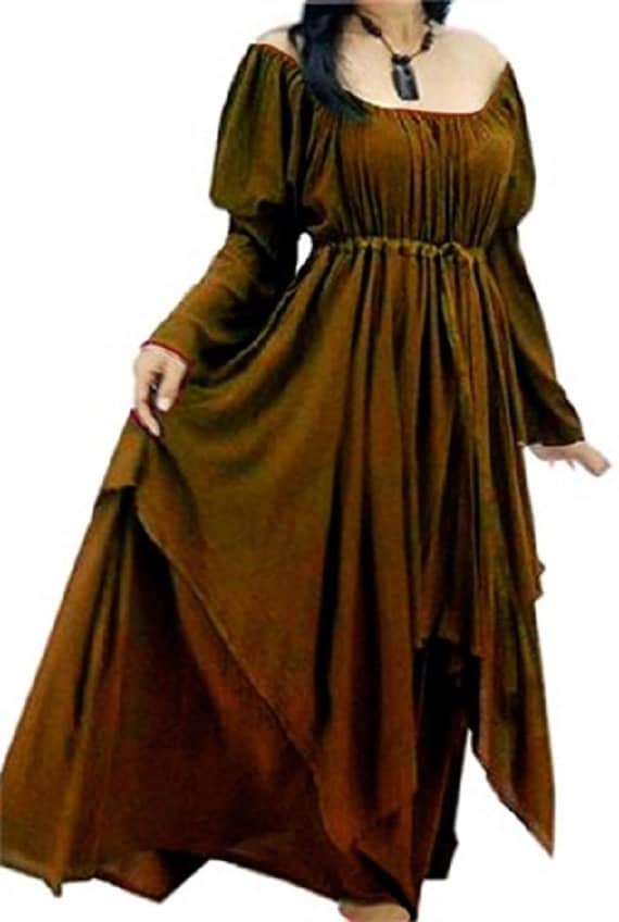 Rustic brown Renaissance layered maxi dress with a cinched waist and flowing fabric, designed for medieval, boho, and fantasy-inspired outfits.