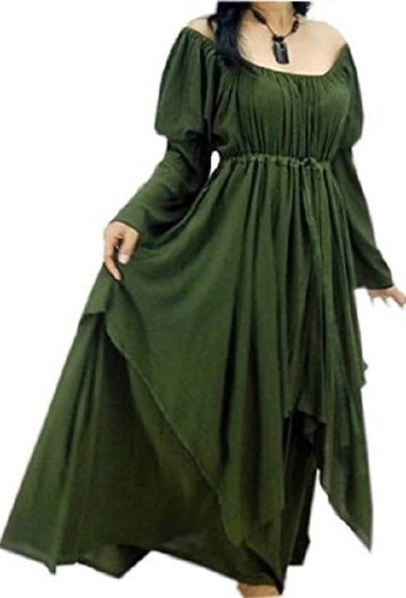 Forest green Renaissance layered maxi dress with an off-shoulder neckline and long sleeves, ideal for nature-inspired and bohemian fashion.
