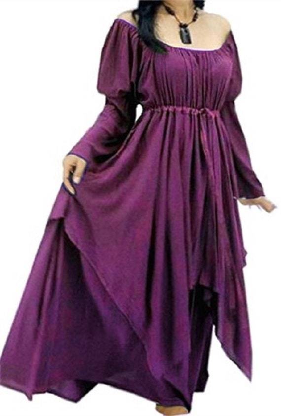 Rich purple Renaissance layered maxi dress with a flattering silhouette and off-shoulder design, available in regular and plus sizes.
