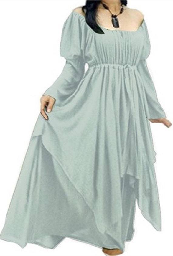 Soft pastel Renaissance layered maxi dress in light gray, featuring a flowing silhouette and off-shoulder design for a romantic, ethereal look.