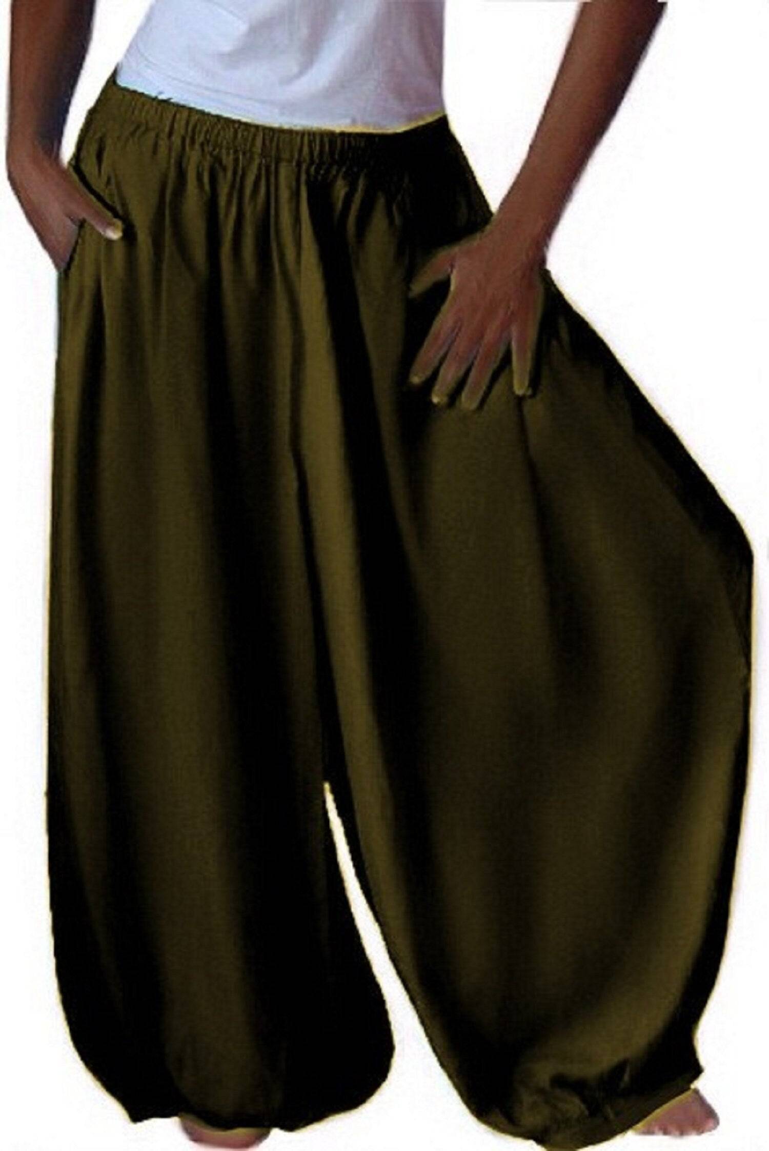 Khaki overall harem hippy pants with wide leg gaucho, plus size. Comfortable and stylish bohemian-style pants with an elastic waistband and pockets.