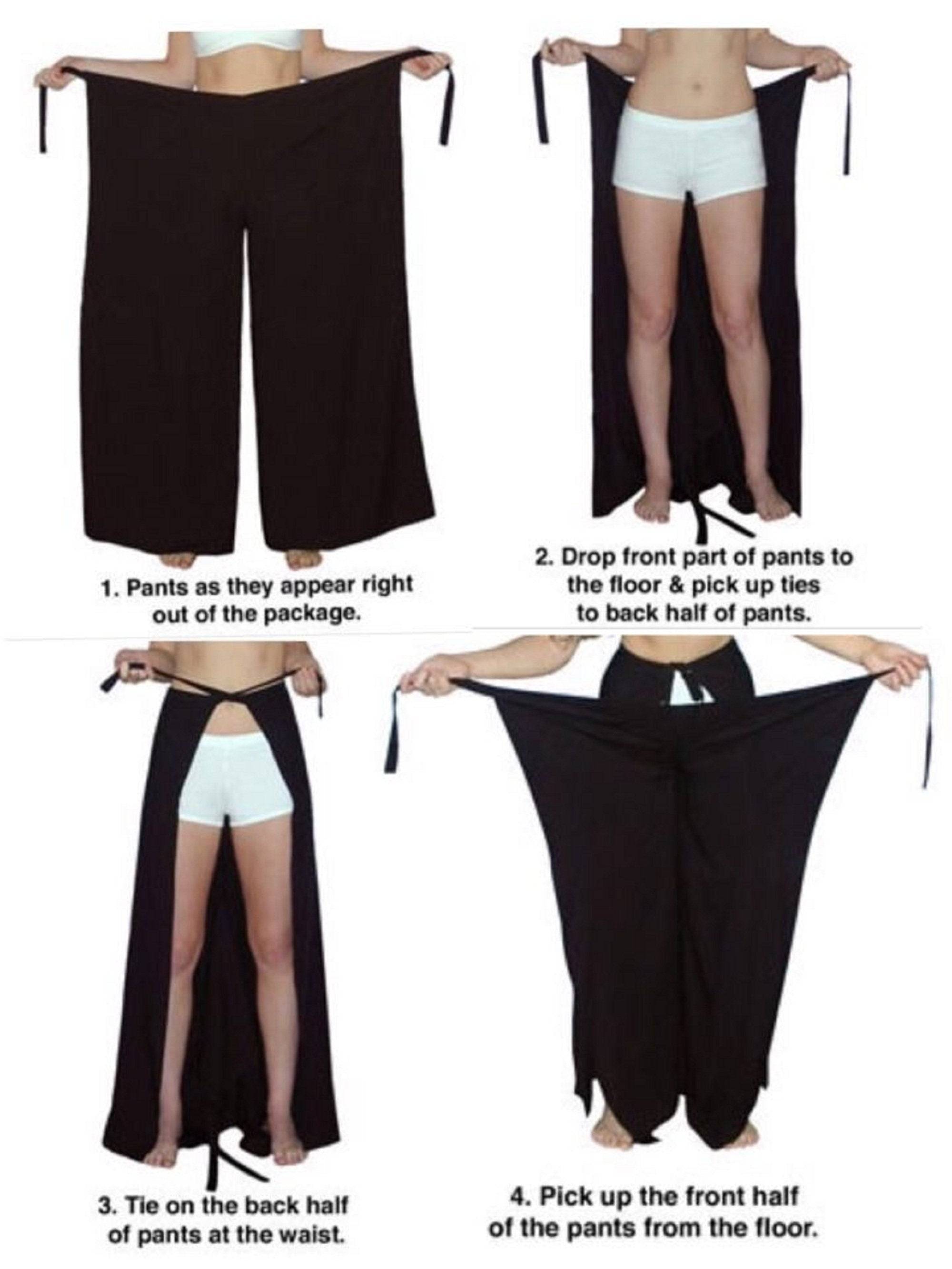 Step-by-step guide on how to wear wide-leg palazzo pants with a wrap tie. Easy-to-follow instructions for a perfect fit.