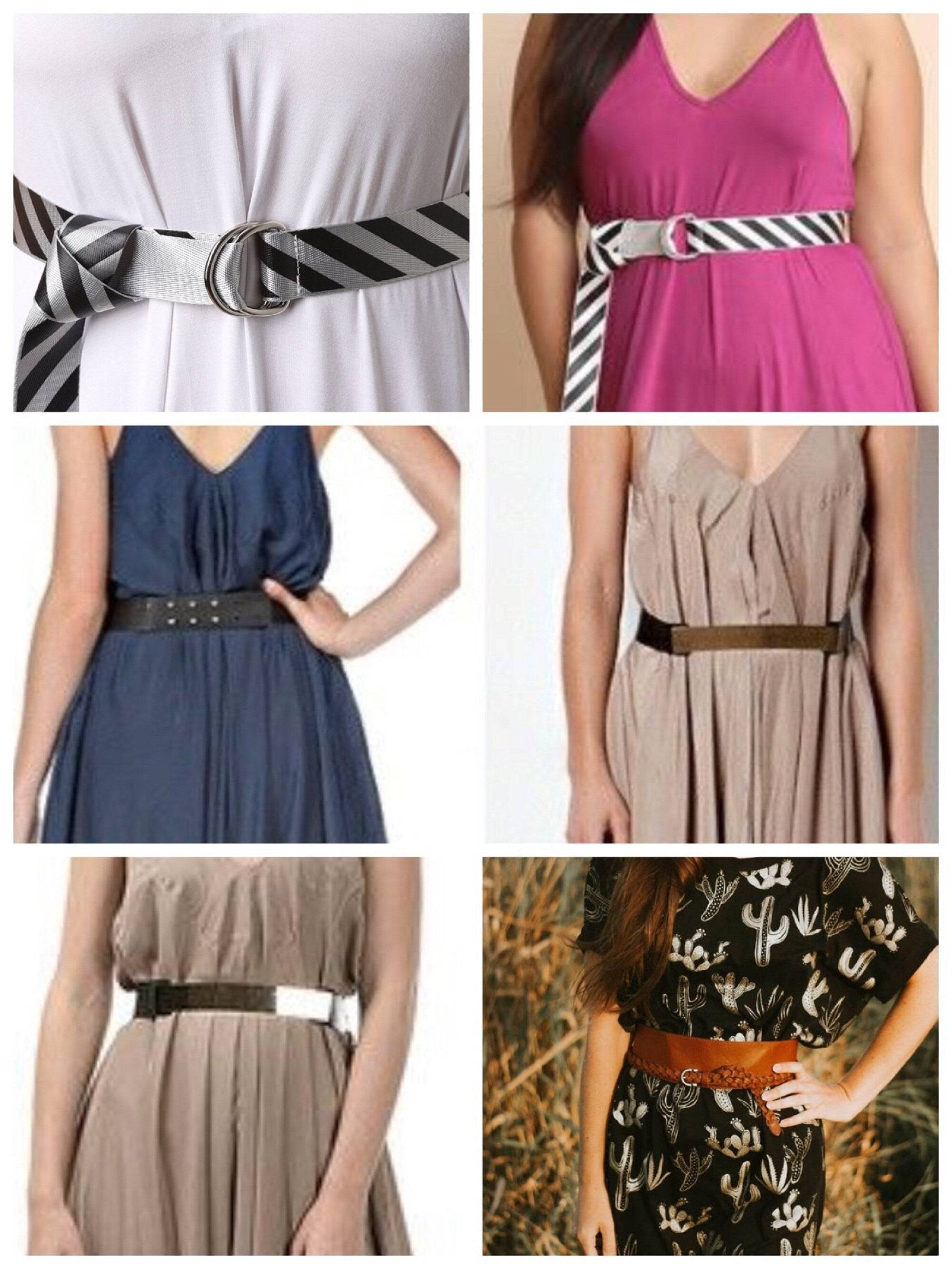 Different belt styles paired with loose dresses, demonstrating how to accentuate the waistline with various accessories.