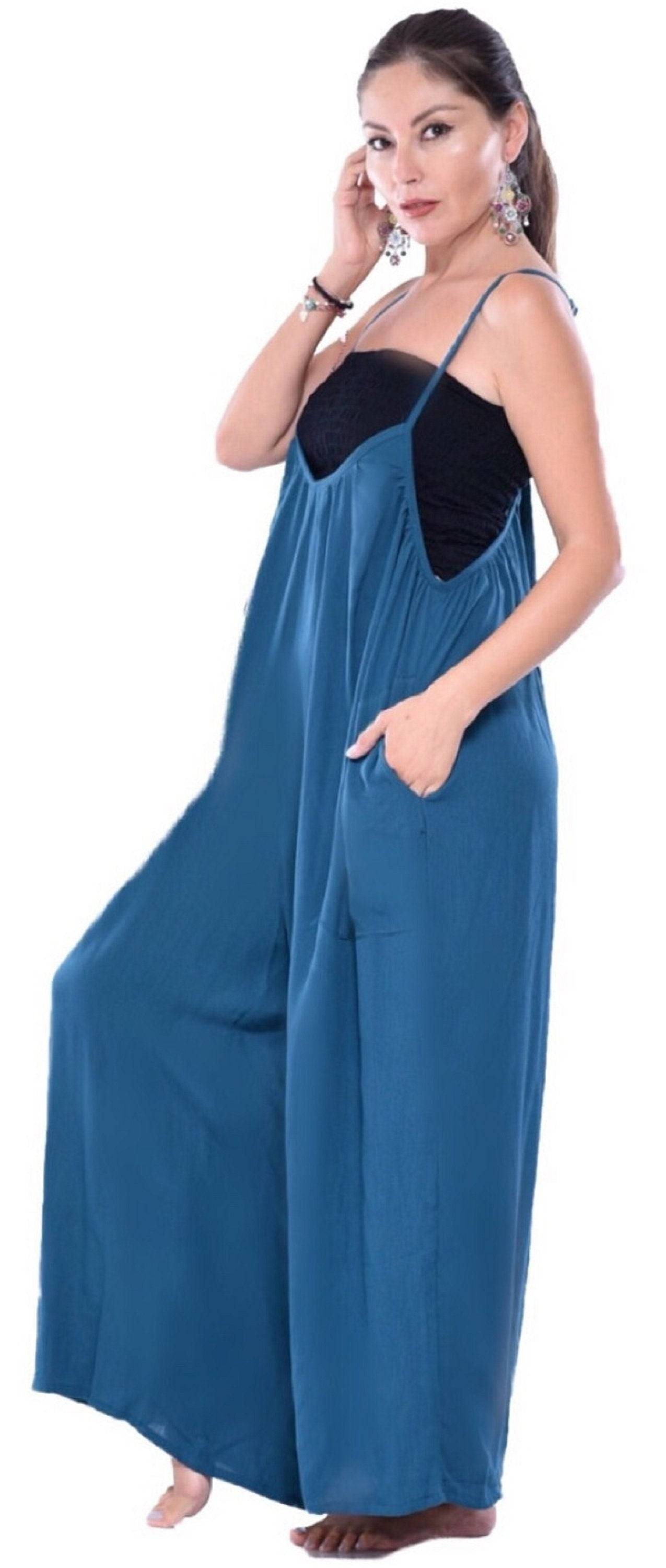 Blue overalls thin straps jumpsuit with pockets and wide-leg fit. Lightweight and stylish for all sizes.