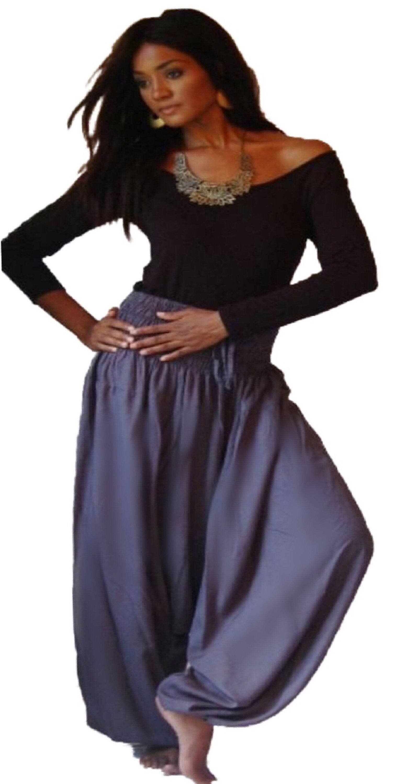 Gray harem elastic smocked diaper pants with waistband. Stylish and breathable women&