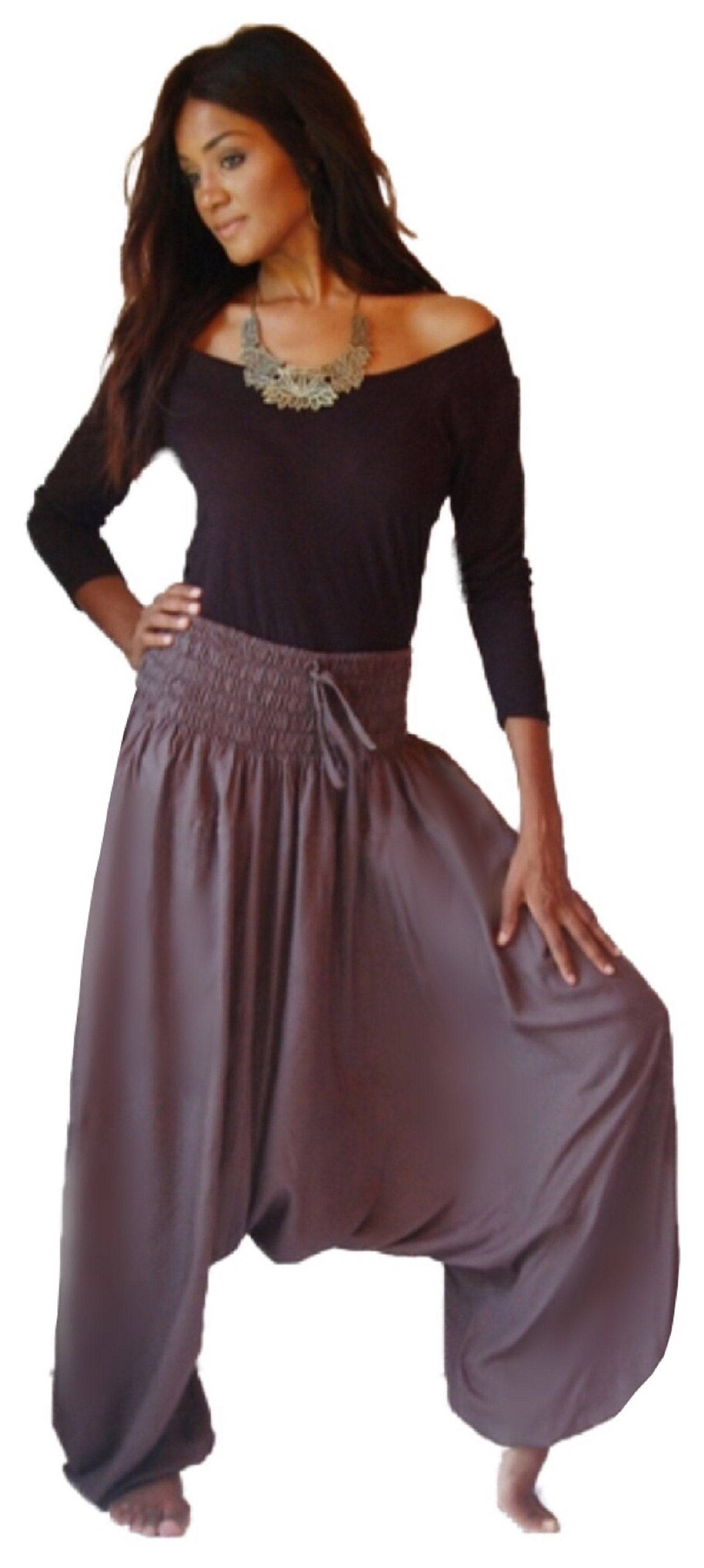 Brown harem elastic smocked diaper pants with waistband. Soft and breathable women&