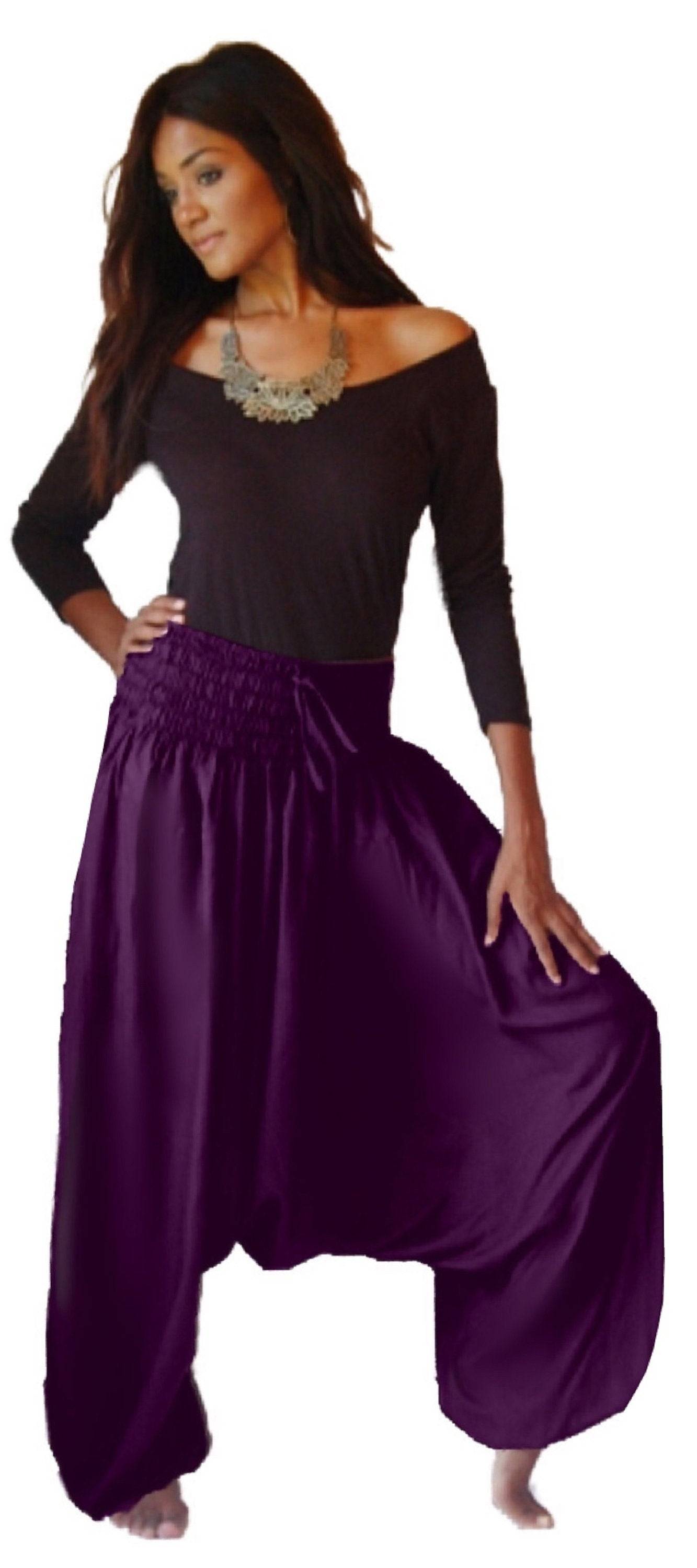 Purple harem elastic smocked diaper pants with waistband. Elegant and flowy women&