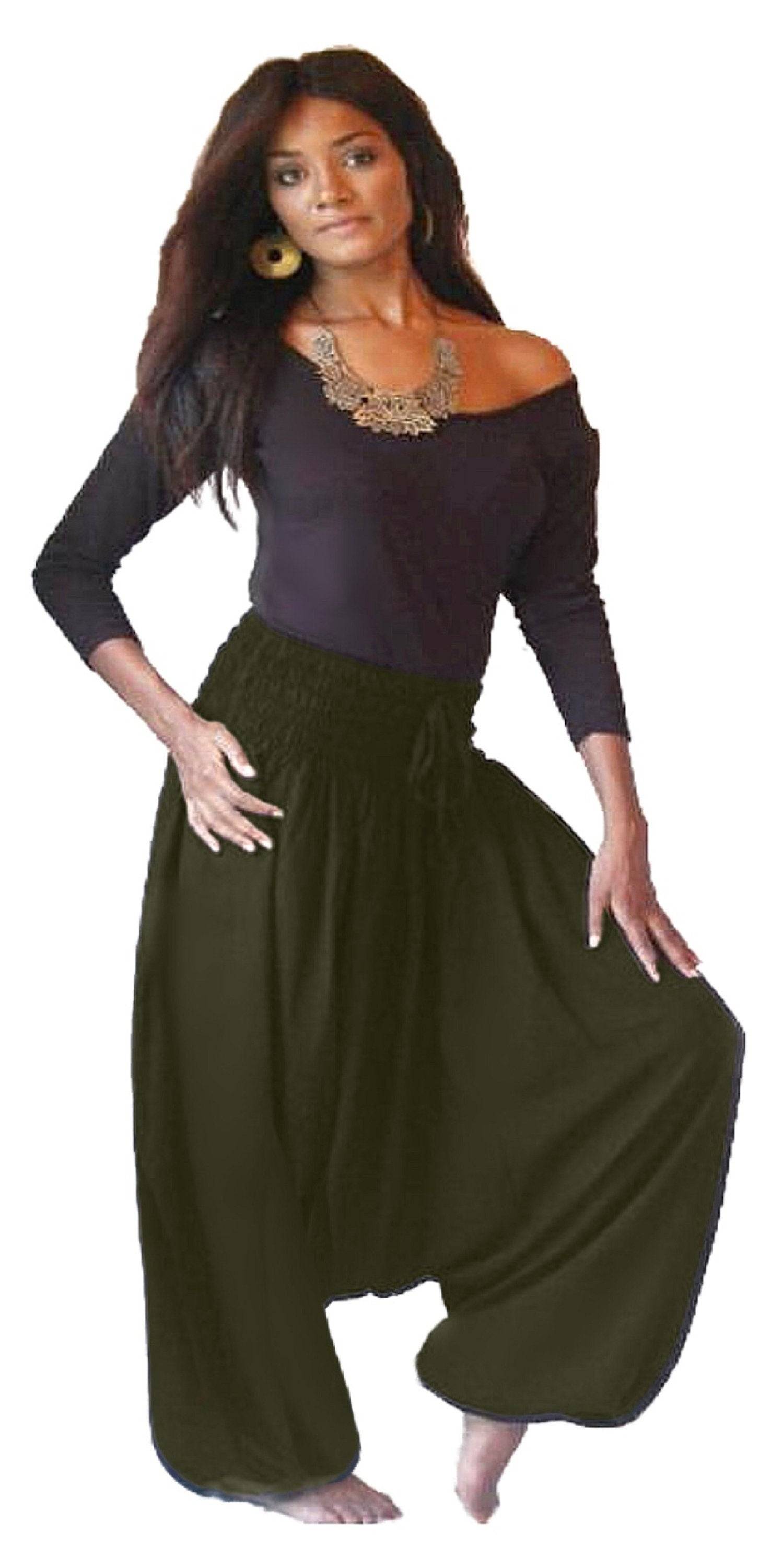 Dark green harem elastic smocked diaper pants with waistband. Loose and breathable women&